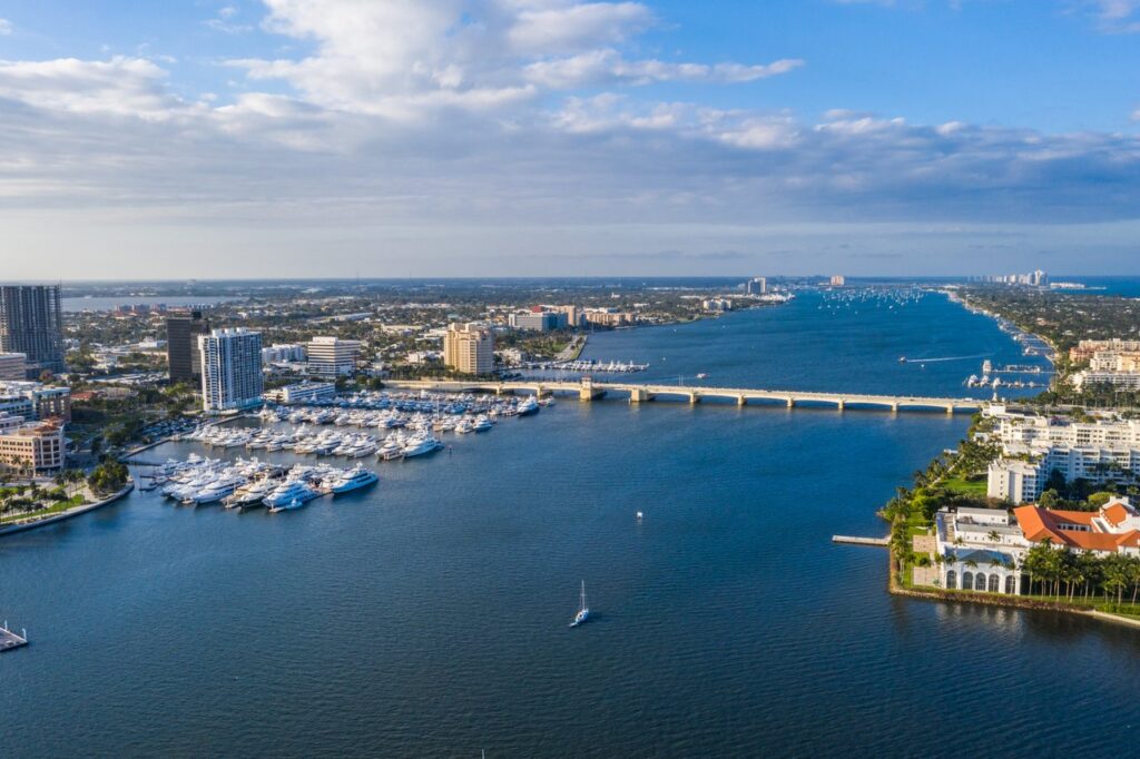 Aerial view of the Flagler Memorial Bridge crossing the Intracoastal Waterway between West Palm Beach and Palm Beach