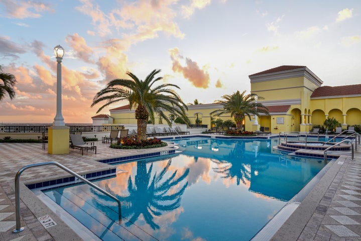 Rooftop pool and hot tub at Two City Plaza in Downtown West Palm Beach at sunset