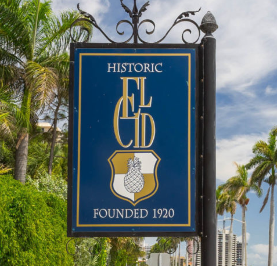 El Cid historic district sign reading Founded 1920 with a pineapple crest, West Palm Beach