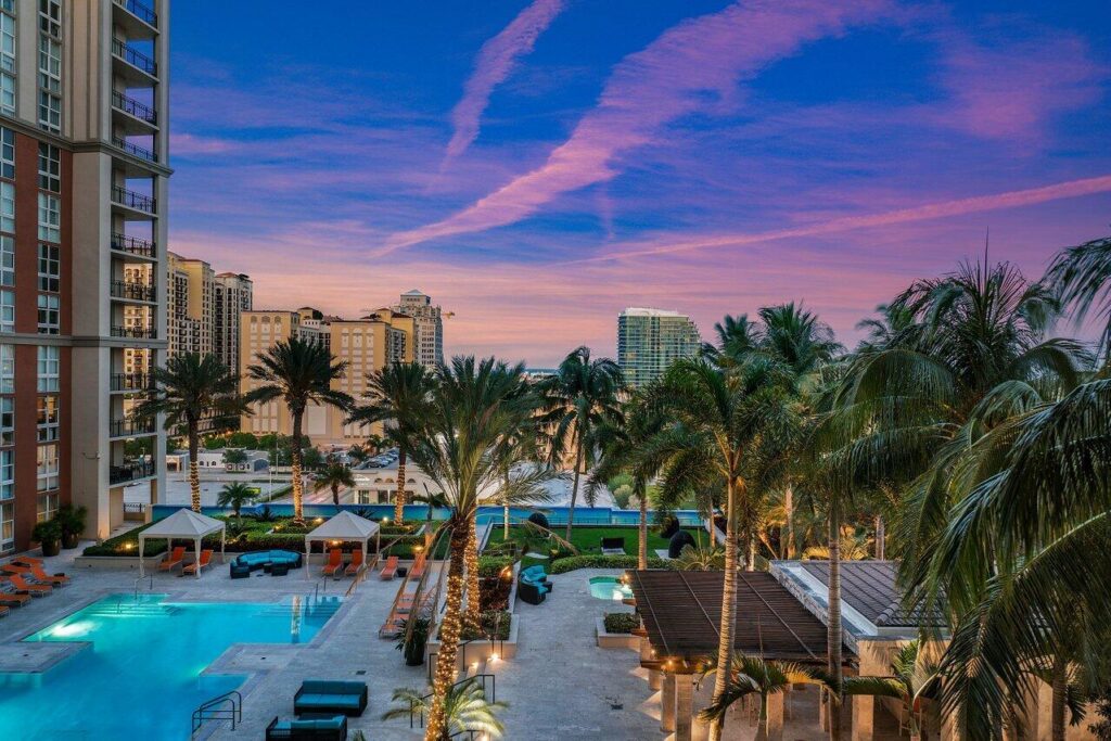 Balcony Views at Twilight from CityPlace South Tower Unit 1417 at 550 Okeechobee Blvd in West Palm Beach, sold by The Keller Team