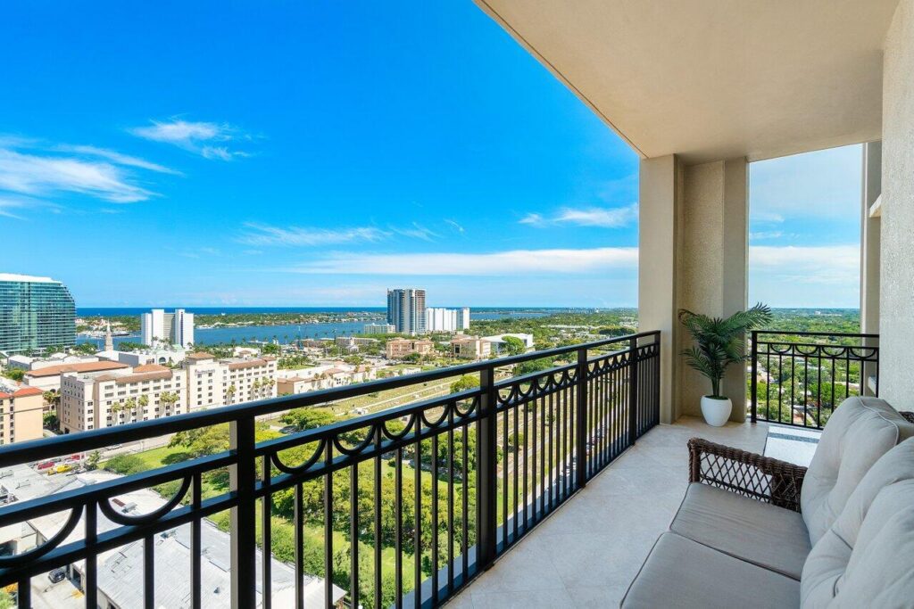 CityPlace South Tower Unit MPH-01 balcony with Intracoastal and ocean views in West Palm Beach, sold by The Keller Team